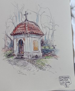2024 - Kuttnerova kaplička v L. Bohdaneč, pero, pastelky a tužka, 20 x 15 cm